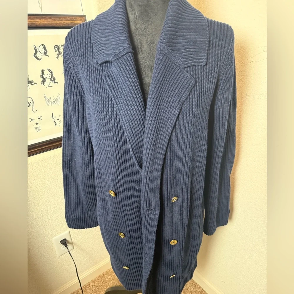 Lauren Ralph Lauren Double Breasted Cardigan Large Chunky Knit Navy Gold Pockets